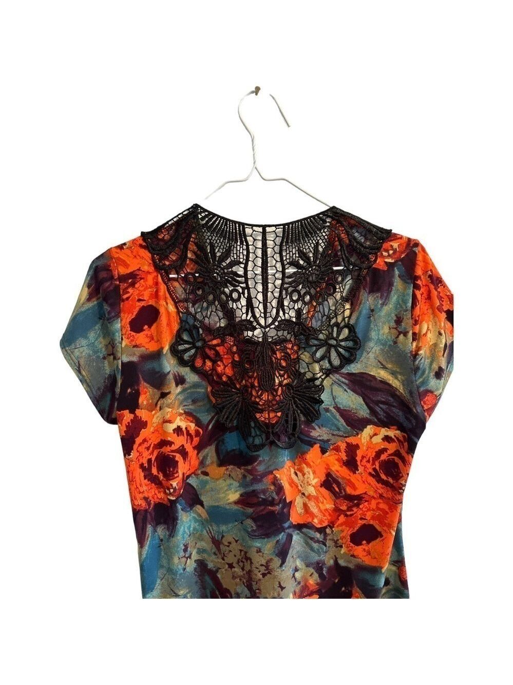 Fall Festival Whimsgoth Blouse Orange & Black Lace Sheer Back Womens Medium - Picture 13 of 13